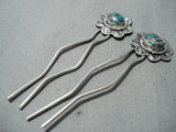 Marvelous Vintage Native American Navajo Damale Turquoise Sterling Silver Hair-pins Old-Nativo Arts