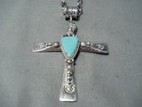 Heavy Navajo Turquoise Sterling Silver Cross Necklace Native American-Nativo Arts