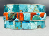 Heavy 129 Gram Native American Navajo Turquoise Coral Sterling Silver Inlay Bracelet-Nativo Arts