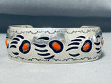 Signed Native American Navajo Coral Sterling Silver Bear Paw Bracelet-Nativo Arts