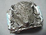 Heavy Huge Native American Navajo Buffalo Turquoise Sterling Silver Bracelet- 200 Grams!-Nativo Arts