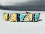 One Of Most Intricate Vintage Native American Navajo Turquoise Inlay Sterling Silver Bracelet-Nativo Arts