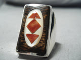 Amazing Zuni Native American Coral Ironwood Sterling Silver Ring-Nativo Arts