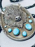 Big Buffalo Powerful Vintage Native American Navajo Turquoise Sterling Silver Bolo Tie-Nativo Arts