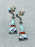 Native American Baroque Vintage Zuni Turquoise Coral Inlay Sterling Silver Earrings-Nativo Arts