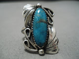 Fabulous Vintage Native American Navajo Pilot Mountain Turquoise Sterling Silver Swirl Ring-Nativo Arts