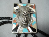 Huge Buffalo Vintage Native American Navajo Turquoise Sterling Silver Inlay Bolo Tie Old-Nativo Arts