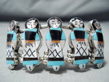Remarkable Native American Zuni Inlay Turquoise Jet Coral Sterling Silver Corn Maiden Bracelet-Nativo Arts