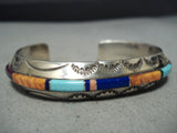 Thick Sturdy Vintage Native American Navajo Turquoise Inlay Sterling Silver Bracelet-Nativo Arts