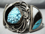 Rare Side Inlay Vintage Native American Navajo Seafoam Turquoise Sterling Silver Bracelet Old-Nativo Arts