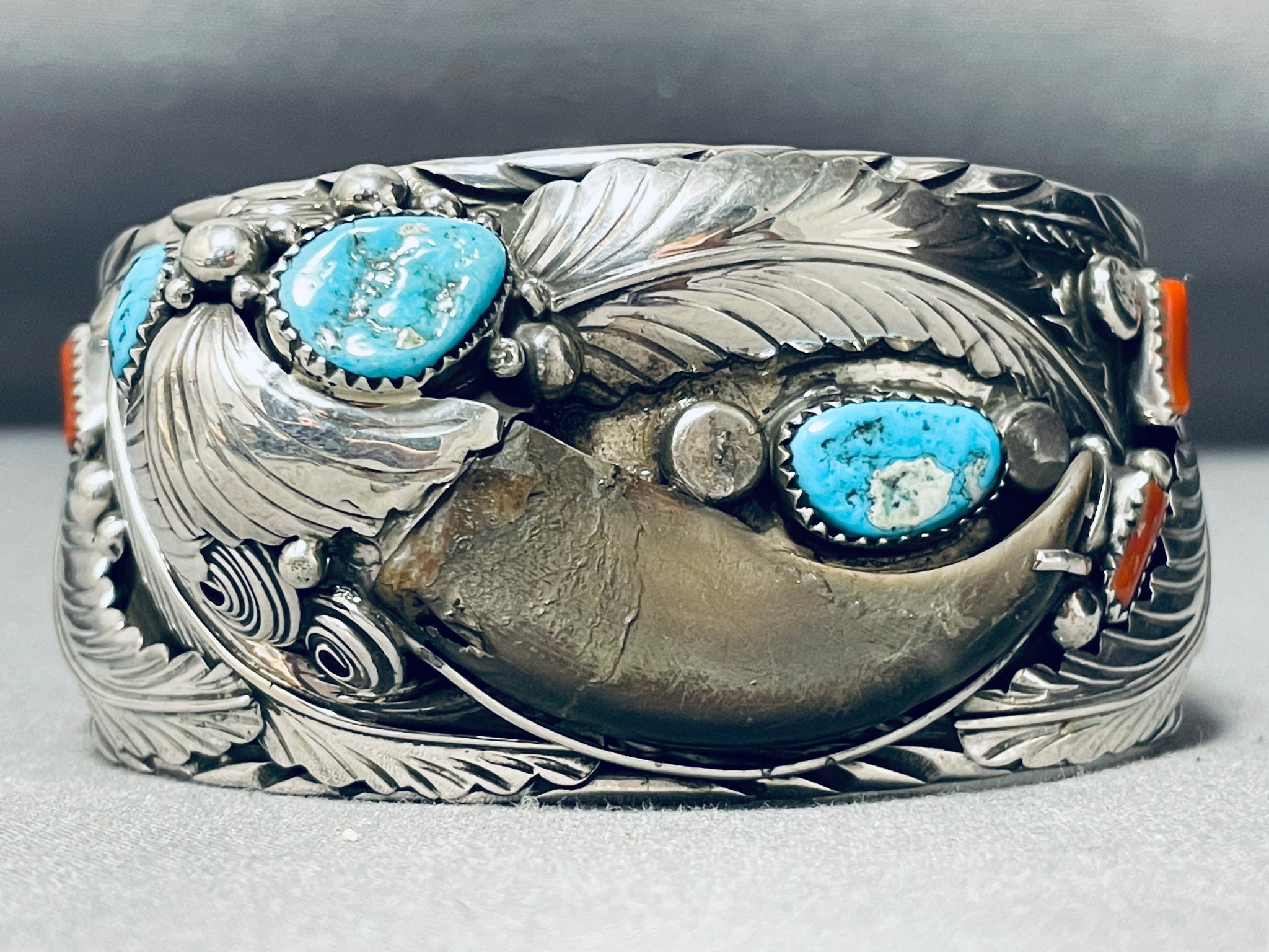 Mens Native American Navajo Turquoise Coral Sterling Silver Leaf