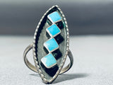 Native American Beautiful Quality Vintage Zuni Turquoise Inlay Sterling Silver Ring Old-Nativo Arts