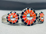 Hypnotic Native American Zuni Inlay Fire Opal Turquoise Triple Sunface Sterling Silver Bracelet-Nativo Arts