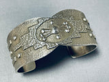 Superb Native American Navajo Signed Sterling Silver Geometric Heavy Bracelet-Nativo Arts
