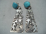 Important Native American Navajo Old Kingman Turquoise Sterling Silver Earrings-Nativo Arts