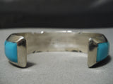 Thick Sturdy Vintage Native American Navajo Sky Blue Turquoise Inlay Sterling Silver Bracelet-Nativo Arts