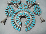 Women's Signed Vintage Native American Navajo Turquoise Sterling Silver Squash Blossom Necklace-Nativo Arts