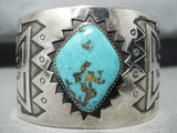 Huge Vintage Native American Navajo Rare Turquoise Sterling Silver Geomtric Bracelet-Nativo Arts