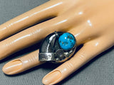 Huge Native American Navajo Turquoise Authentic Bear Sterling Silver Ring-Nativo Arts