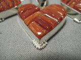 Striking Native American Navajo Heart Earrings Coral Sterling Silver Pendant Set-Nativo Arts