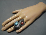 Extremely Rare Vintage Native American Navajo Carved Leaf Turquoise Sterling Silver Ring Old-Nativo Arts
