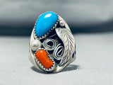 Carved Side Shank Vintage Native American Navajo Turquoise Coral Sterling Silver Ring-Nativo Arts
