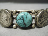 Very Rare Turquoise Vintage Native American Navajo Sterling Silver Coin Bracelet Old-Nativo Arts