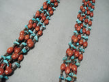 Native American Tremendous Santo Domingo 5 Strand Turquoise Coral Sterling Silver Necklace-Nativo Arts