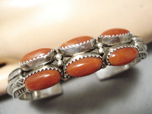 Thick Heavy Sturdy Vintage Native American Navajo Coral Sterling Silver Bracelet Old-Nativo Arts