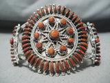 Coral Sun Native American Zuni Coral Needlepoint Sterling Silver Huge Bracelet-Nativo Arts