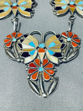Thick Heavy Silver Vintage Native American Zuni Sterling Silver Inlay Turquoise Necklace-Nativo Arts