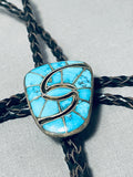 One Of The Finest Vintage Native American Zuni Turquoise Inlay Sterling Silver Bolo Tie-Nativo Arts