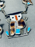Signed Native American Zuni Turquoise Sterling Silver Owl Necklace And Earring Set-Nativo Arts