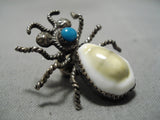 Museum Quality Vintage Native American Navajo Bug Turquoise Shell Sterling Silver Pin Old-Nativo Arts