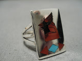 Important Native American Zuni Harlan Coonsis Sterling Silver Coral Turquoise Cardinal Ring-Nativo Arts