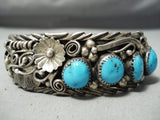 Incredible Detail Vintage Native American Navajo Blue Gem Turquoise Sterling Silver Bracelet-Nativo Arts