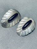 Exceptional Vintage Native American Navajo Jet Sterling Silver Earrings Signed-Nativo Arts