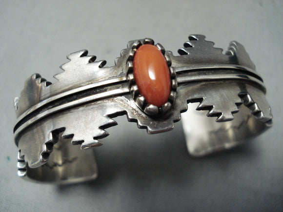 Magnificent Vintage Native American Navajo Coral Sterling Silver Bracelet-Nativo Arts