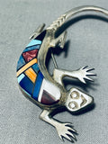 Native American Important Gecko Turquoise Inlay Sterling Silver Frank Yazzie Pin-Nativo Arts
