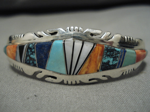 Stunning Vintage Native American Navajo Raised Turquoise Inlay Sterling Silver Bracelet Old-Nativo Arts