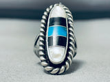 Awesome Vintage Native American Navajo Inlay Turquoise Jet Mother Of Pearl Sterling Silver Ring-Nativo Arts