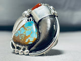 Huge Mens Native American Navajo Turquoisebear Sterling Silver Coral Ring-Nativo Arts
