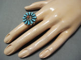 Bob Eustace Vintage Native American Zuni Carved Turquoise Coral Sterling Silver Ring-Nativo Arts