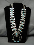 Superior Vintage Native American Navajo Green Turquoise Sterling Silver Squash Blossom Necklace-Nativo Arts