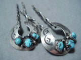 Fantastic Vintage Native American Navajo Blue Diamond Turquoise Sterling Silver Hairpins Old-Nativo Arts