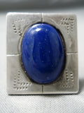Huge Vintage Navajo Squared Lapis Sterling Silver Native American Ring Old-Nativo Arts