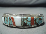 Beautiful Native American Navajo #8 Turquoise Mine, Coral, Opal Sterling Silver Bracelet-Nativo Arts