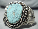 Signed Vintage Native American Navajo Old Morenci Turquoise Sterling Silver Leaf Bracelet-Nativo Arts