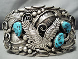 For Large Wrist- Biggest Vintage Native American Navajo Turquoise Eagle Sterling Silver Bracelet-Nativo Arts