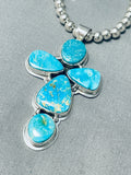 Stunning Native American Navajo Kingman Turquoise Sterling Silver Cross Necklace-Nativo Arts